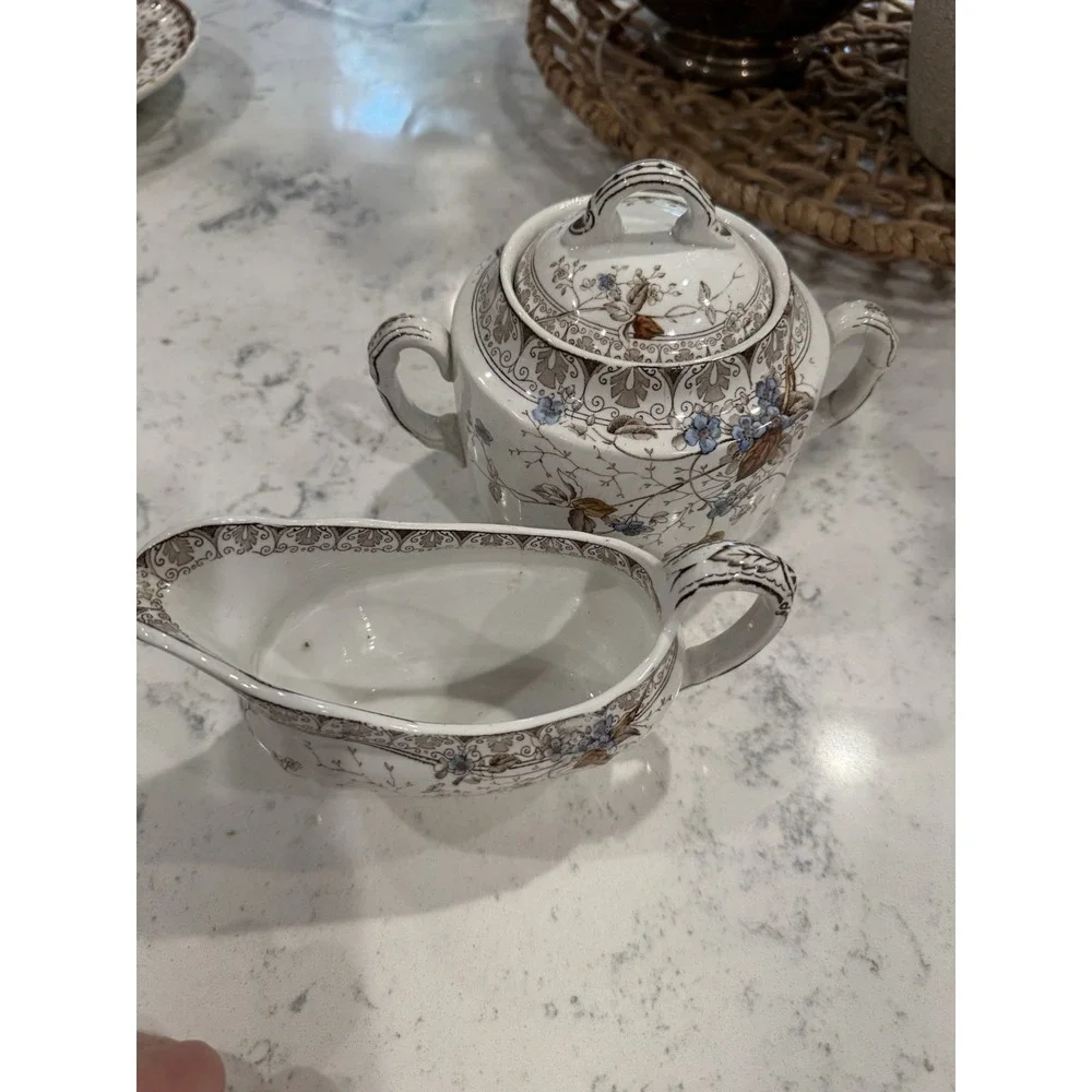 Antique Alfred Meakin Sugar Bowl and Gravy Boat In The Rosaline Pattern. England